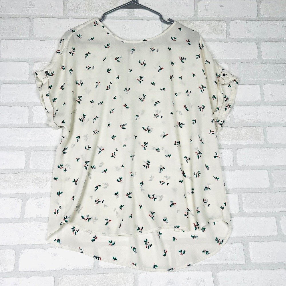 Maurices Womens Large Ivory Holly Berry Print Roll Tab Sleeve High Low Blouse L
